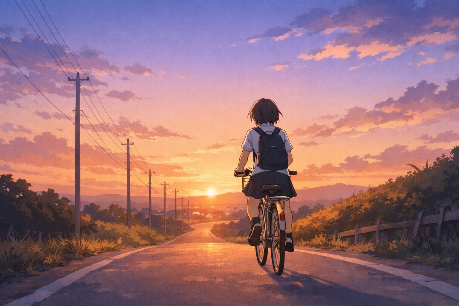 夕日に向かって自転車を走らす女の子